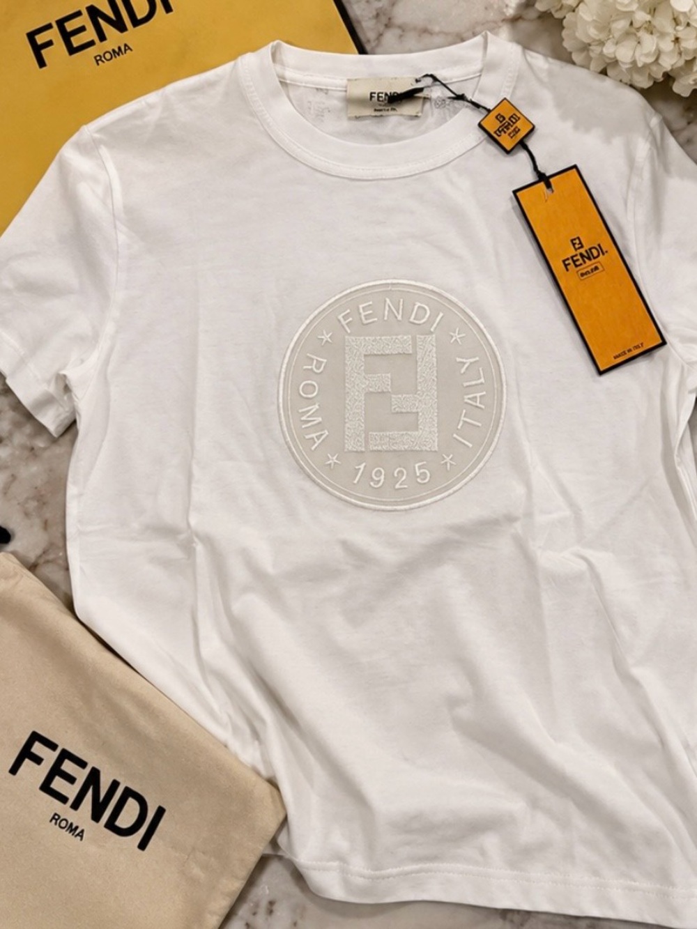 FENDI Roma 1925 Tonal Embroidered Logo T-Shirt White NWT IT 42